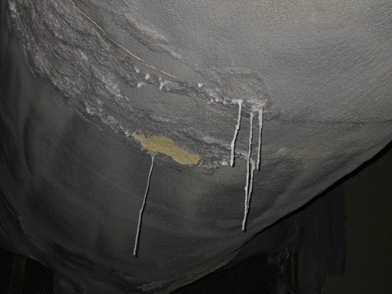 Salt in the vapor that comes down the elevator shaft deposits itself as it seeps out of the ait duct.